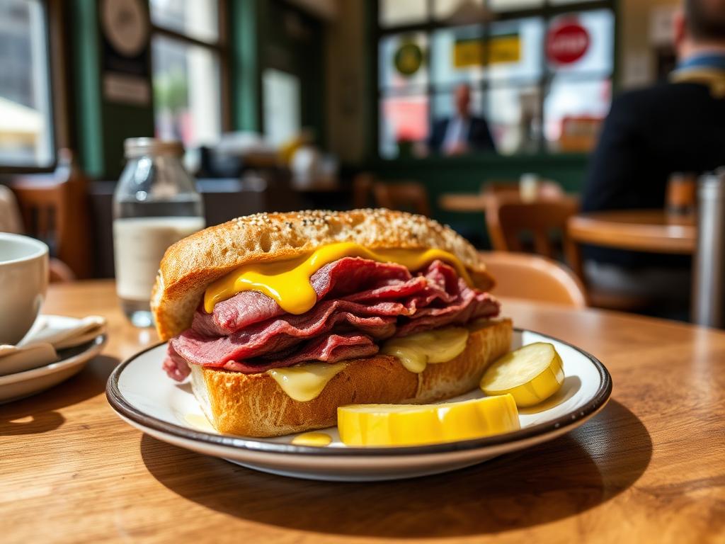 Hot salt beef sandwich with mustard and pickles